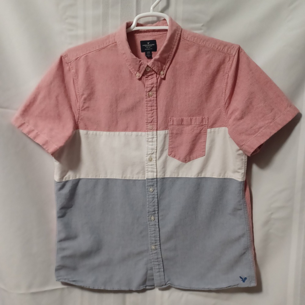 American Eagle Shirt Mens L Red Colorblock Classic Fit Oxford Button Down SS